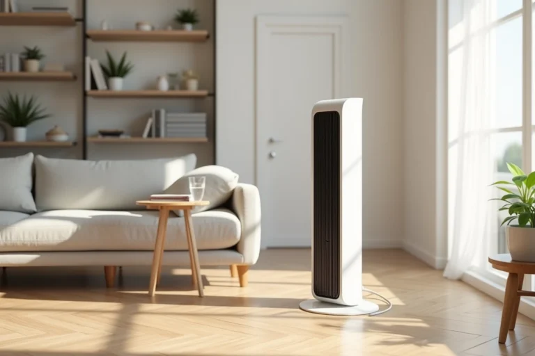 Ventilateur colonne Valberg blanc posé dans un salon domestique avec parquet en chêne et canapé en lin