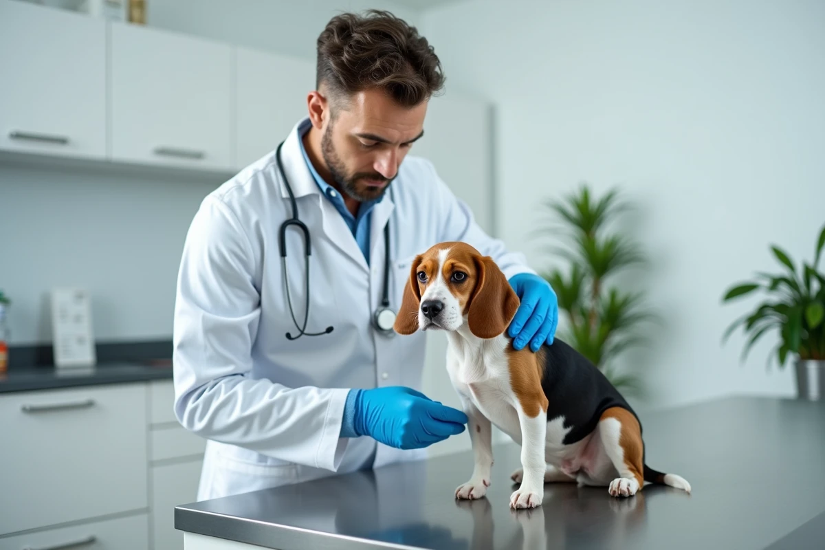 Vétérinaire en blouse blanche examinant un beagle calme sur une table d'examen en inox dans une clinique vétérinaire