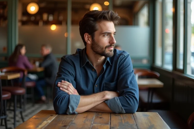 Homme pensif seul dans un café parisien, illustrant les secrets de la vie privée de Florian Tardif