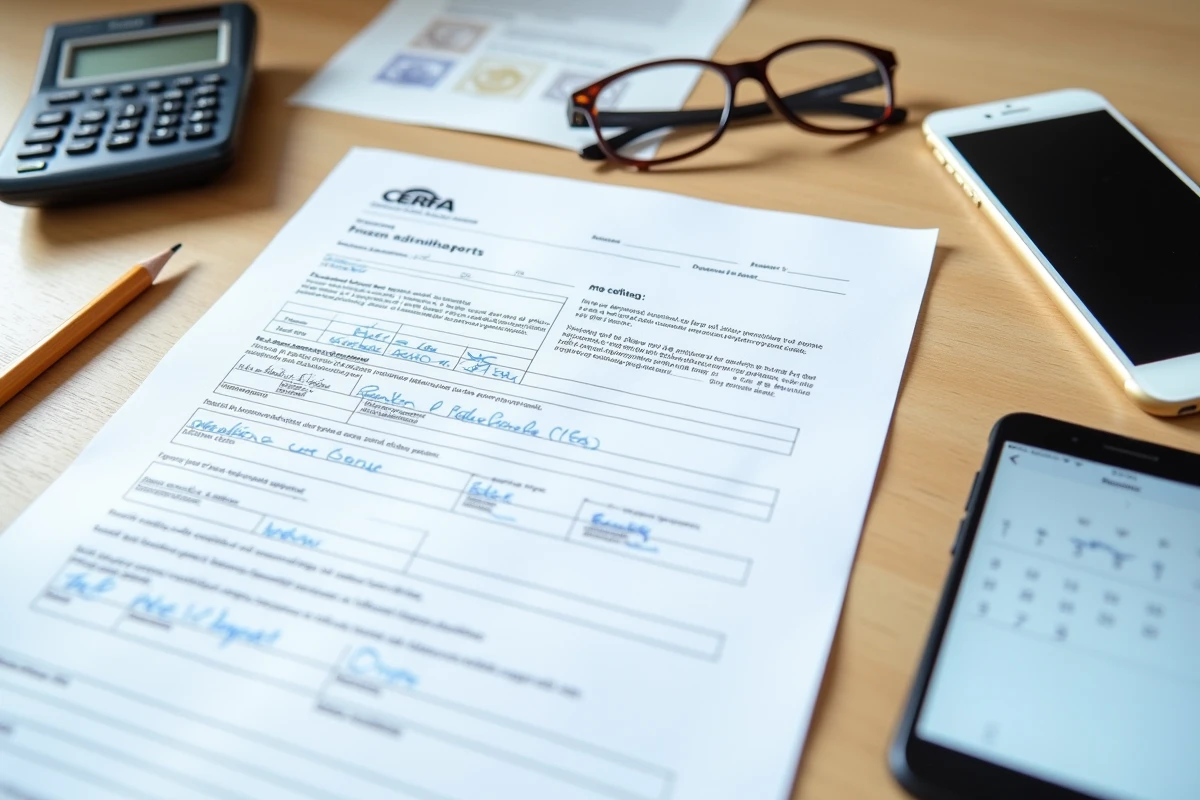 Vue de dessus du formulaire cerfa 3233 pour état hypothécaire entouré de documents immobiliers